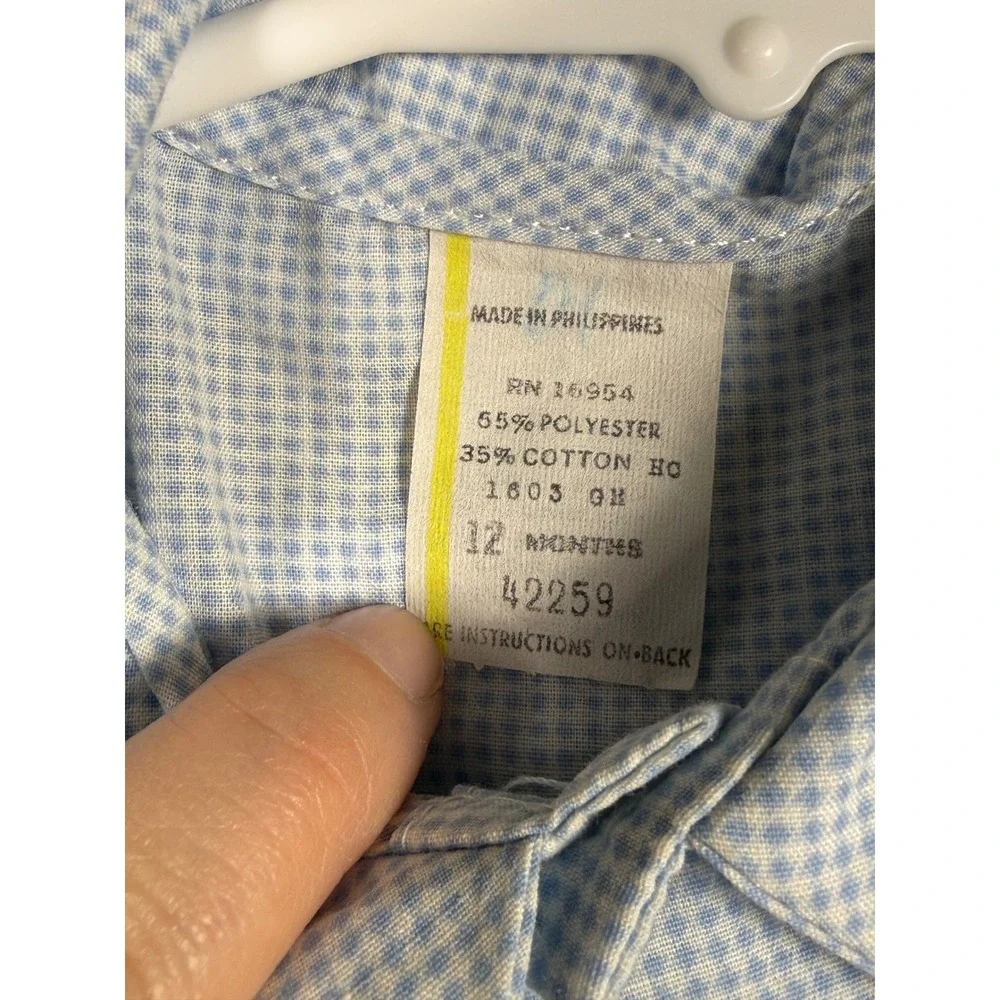 Vintage Baby Boy Blue Gingham Shirt and Fishing Bear Embroidered Romper Set 12M